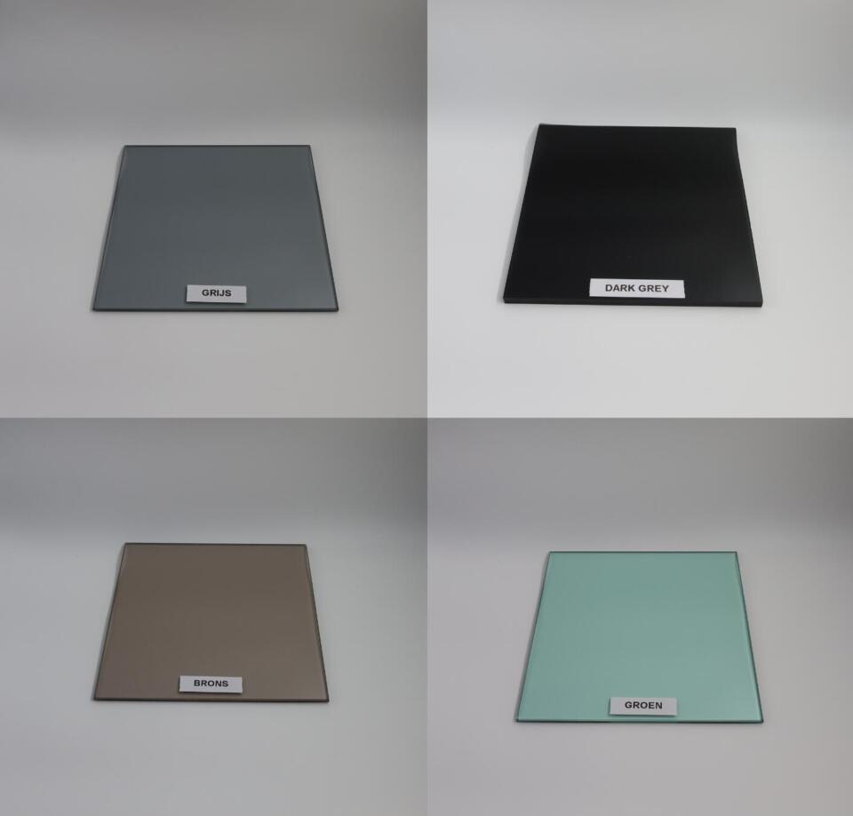 Gekleurd glas samples grijs, brons, dark grey en groen