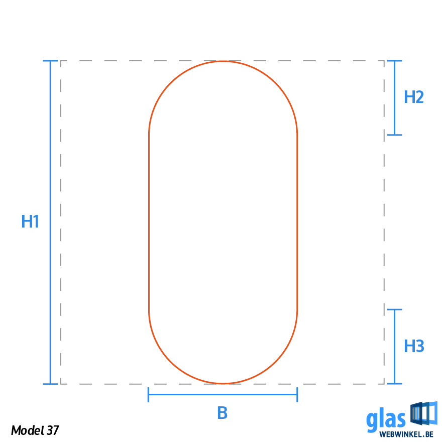 Dubbele boogspiegel modeltekening, glaswebwinkel.be