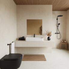 Brons gekleurde badkamerspiegel boven wastafel in moderne badkamer