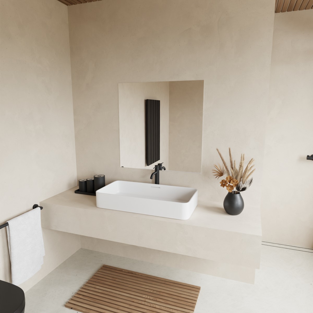 Verzilverde blanke badkamerspiegel boven wastafel in lichte badkamer