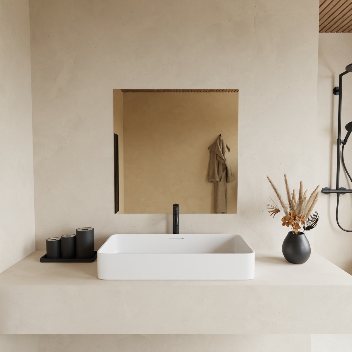 Brons gekleurde toiletspiegel aan de muur in modern toilet