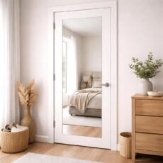 Rechthoekige deurspiegel in een lichte slaapkamer
