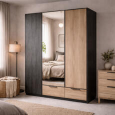 Kledingkast met spiegel in het midden in een slaapkamer.