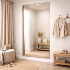 Paskamerspiegel in een beige pashokje