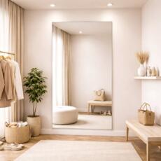 Passpiegel aan de muur in een beige paskamer