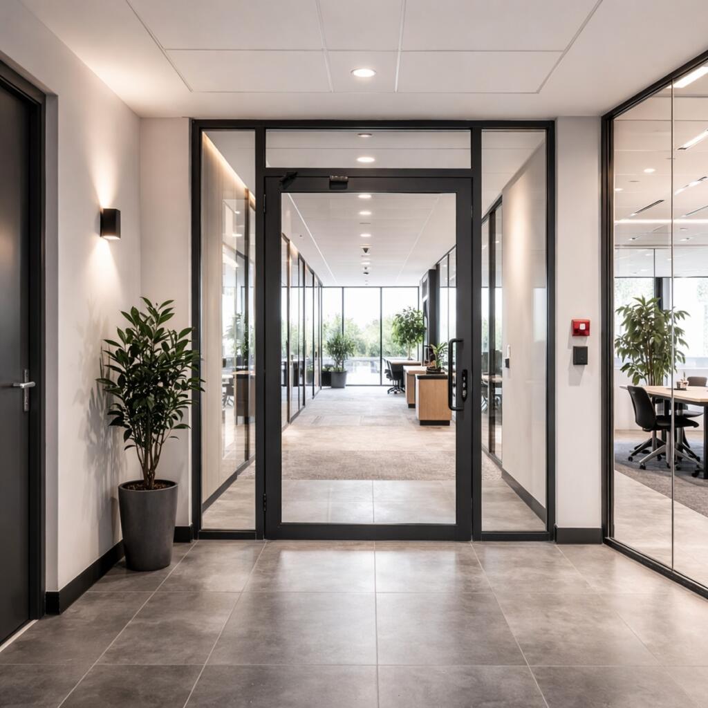 Brandwerende glazen deur in een kantoorgebouw
