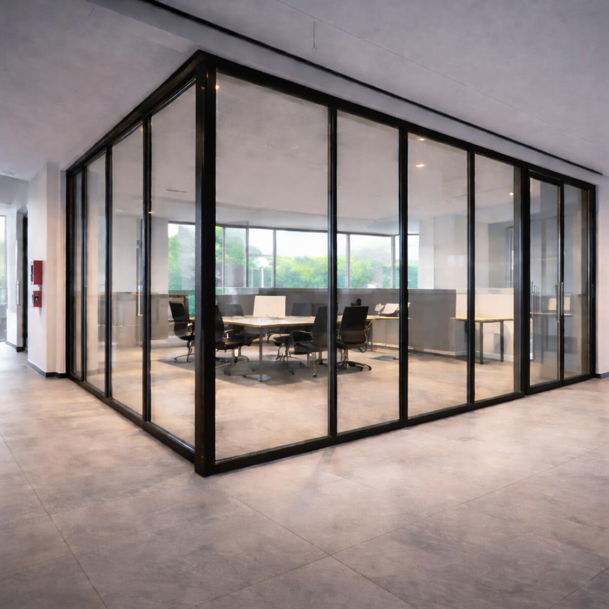 Brandwerend glas in een glazen binnenwand in een kantoorgebouw