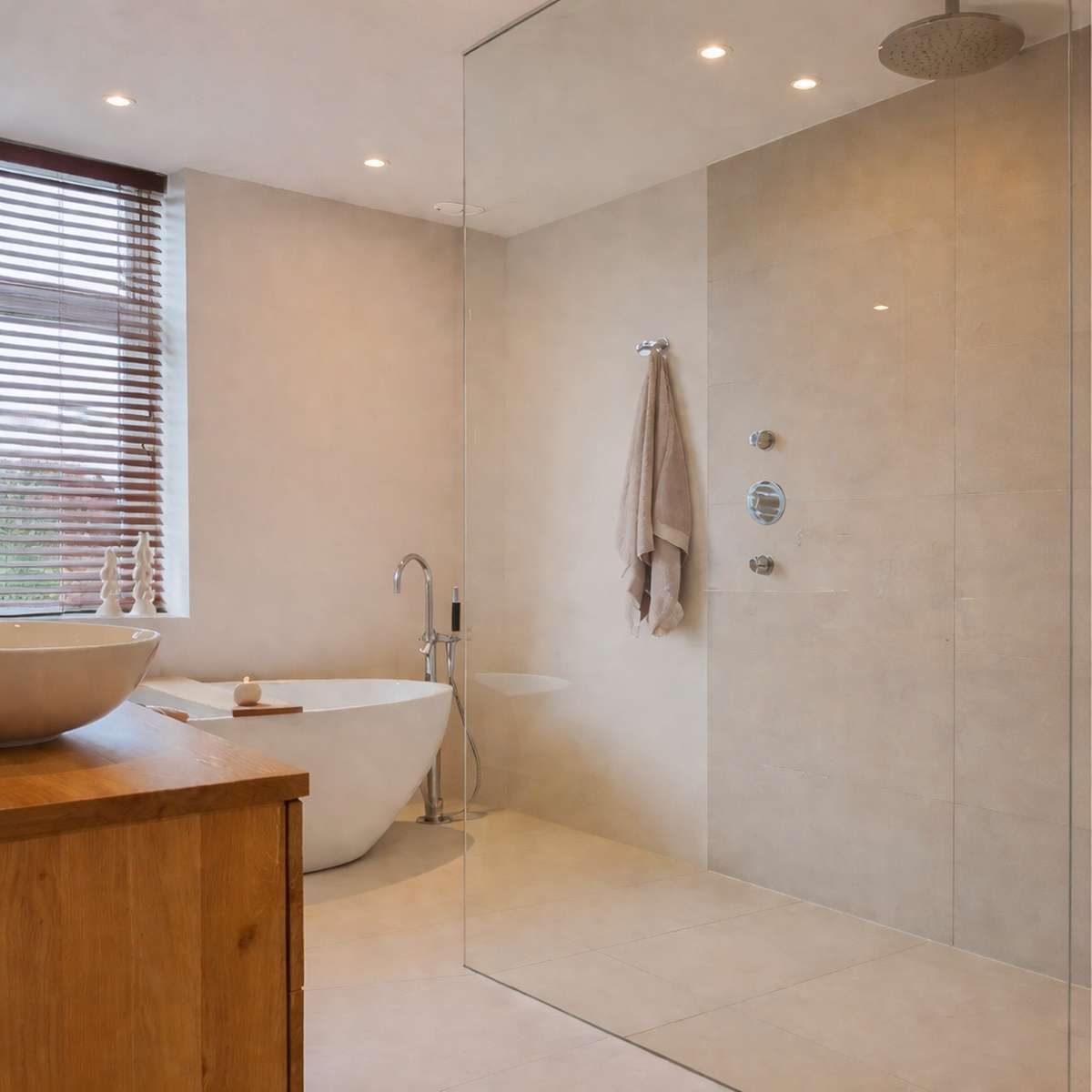 Glazen douchewand van enkel glas in moderne badkamer