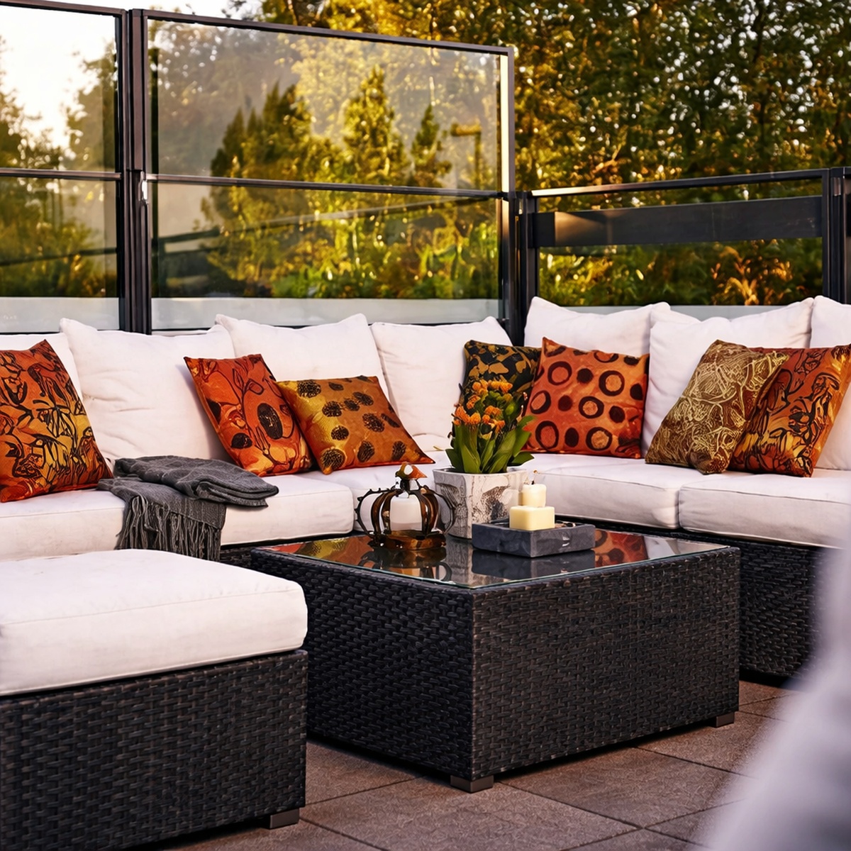 Glazen windscherm op terras met loungeset en kussens