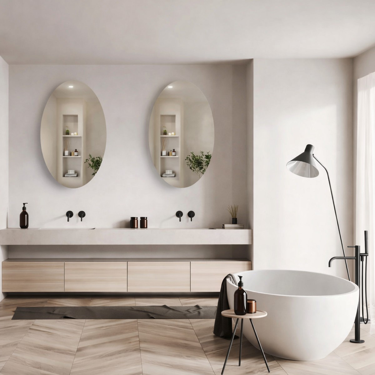 Ovale badkamerspiegels boven dubbele wastafel in moderne badkamer met vrijstaand bad