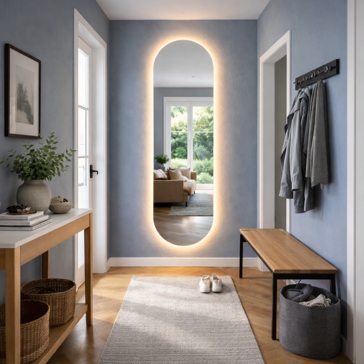 Dubbele boogspiegel met indirecte verlichting rondom, verticaal geplaatst in een gang