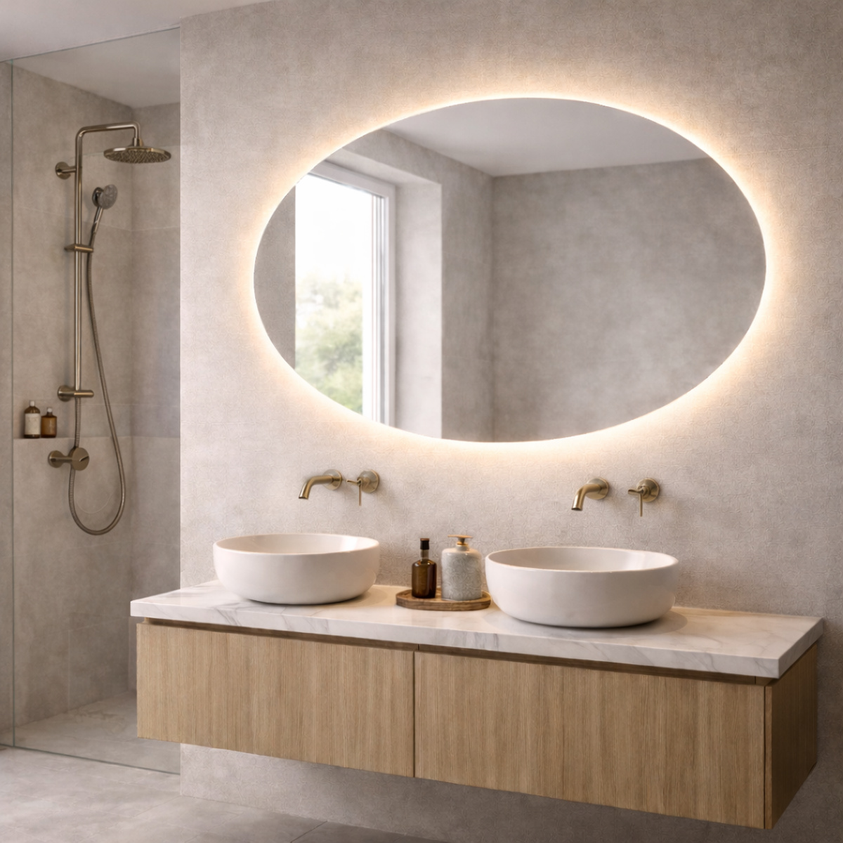 Ovale spiegel met indirecte verlichting rondom in een lichte badkamer