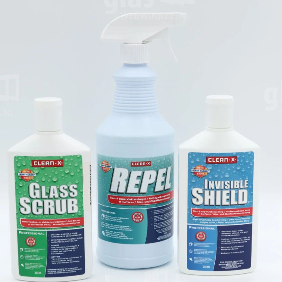 Clean X glascoating pakket met Glass Scrub, Repel en Invisible Shield