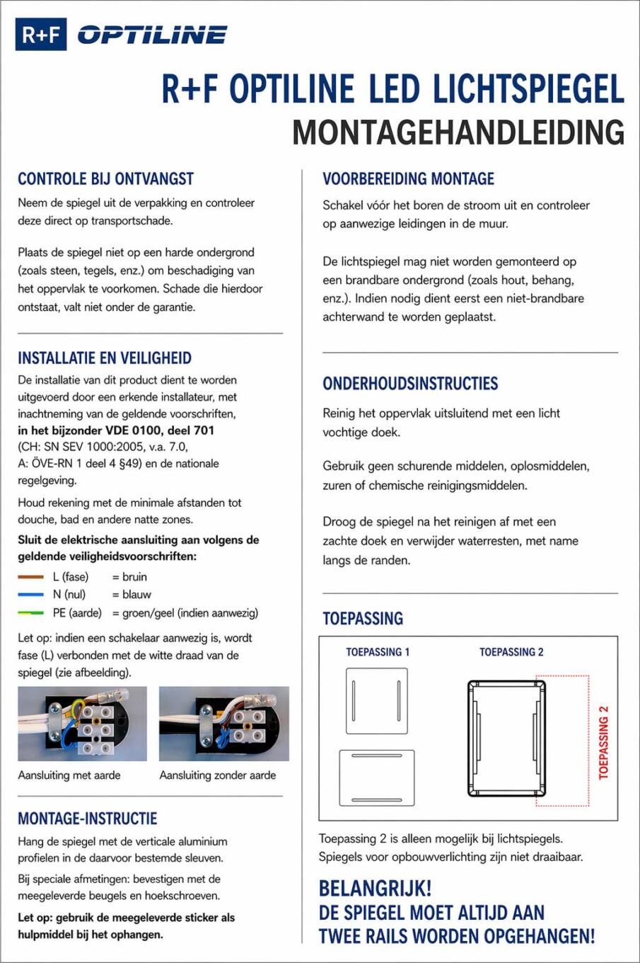Montagehandleiding R+F Optiline LED lichtspiegel met installatie-instructies en schema’s