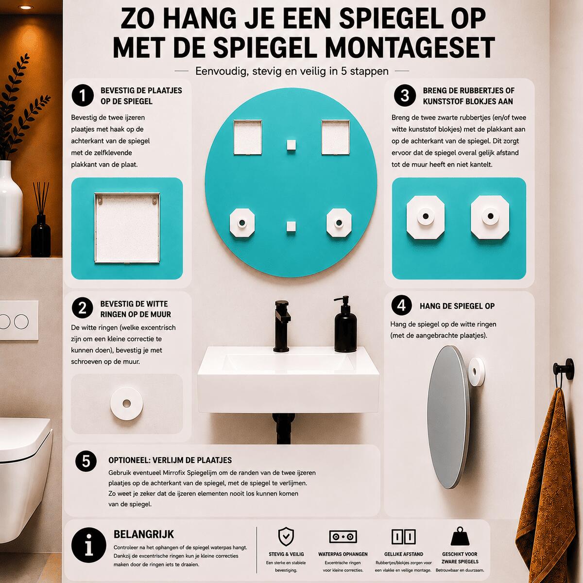 Infographic met stappenplan voor het ophangen van een ronde spiegel met een spiegel montageset.