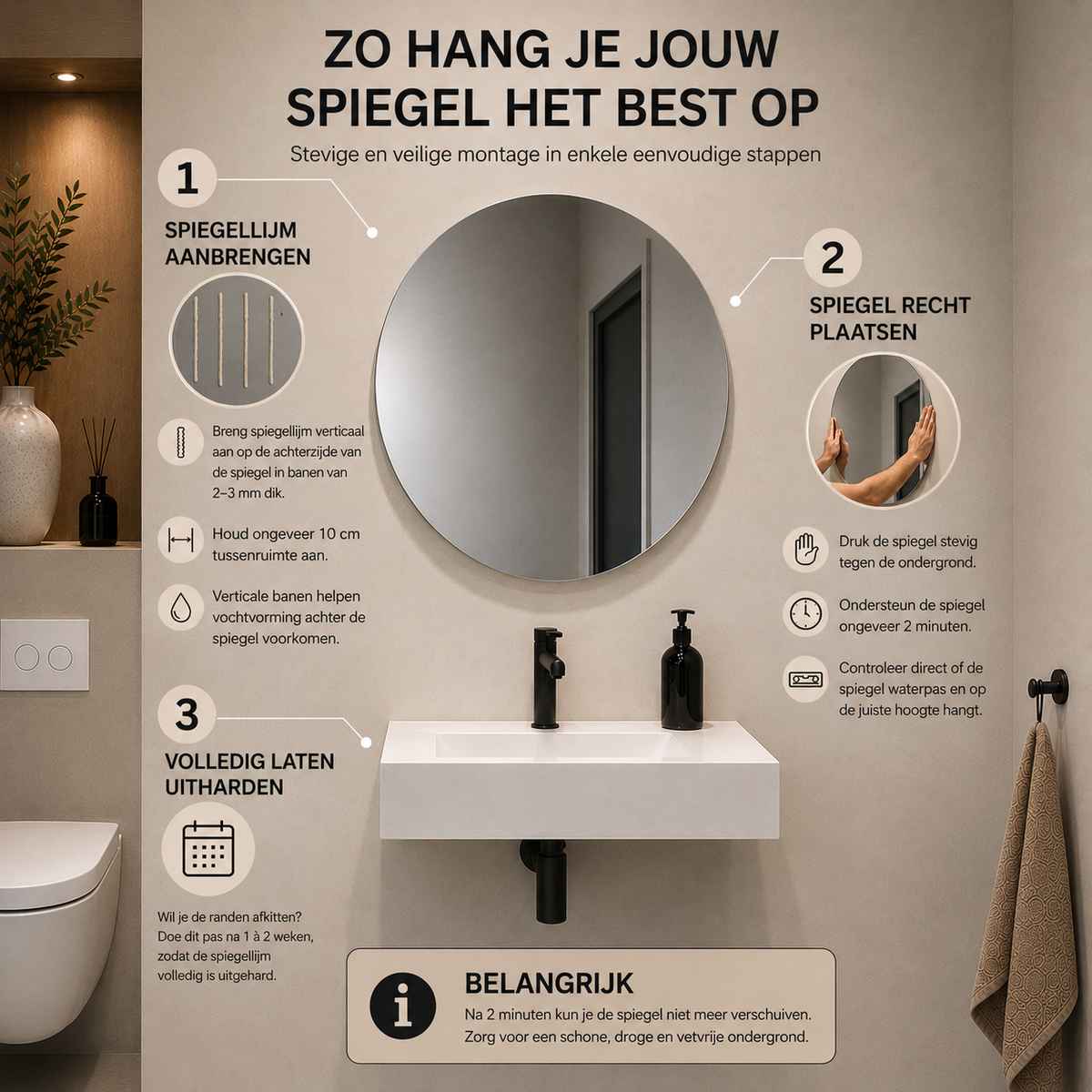 Infographic met stappenplan voor het ophangen van een ronde spiegel met spiegellijm.