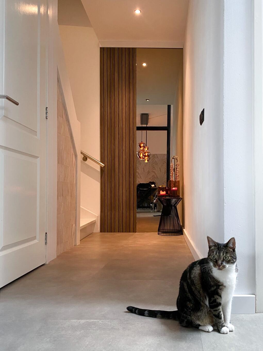 Lange bronzen spiegel in een gang