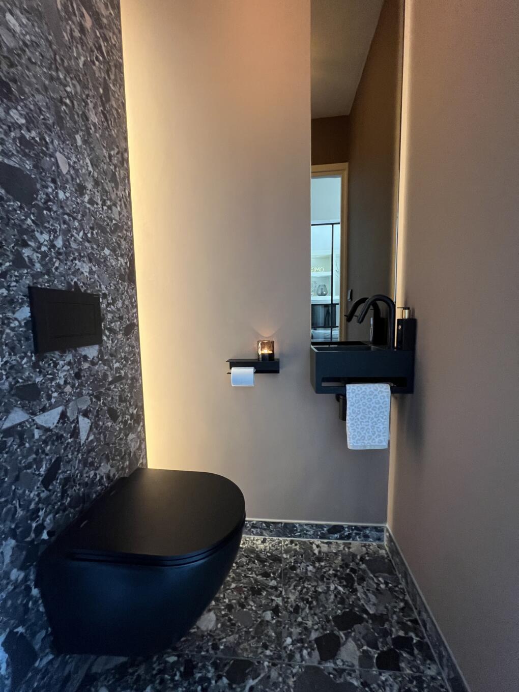 Smalle spiegel in de toiletruimte boven de wasbak