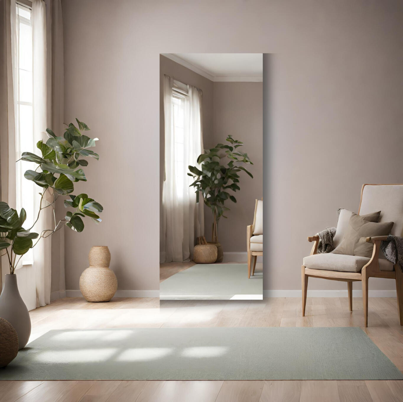 Lange spiegel in de woonkamer, verzilverd uitgevoerd